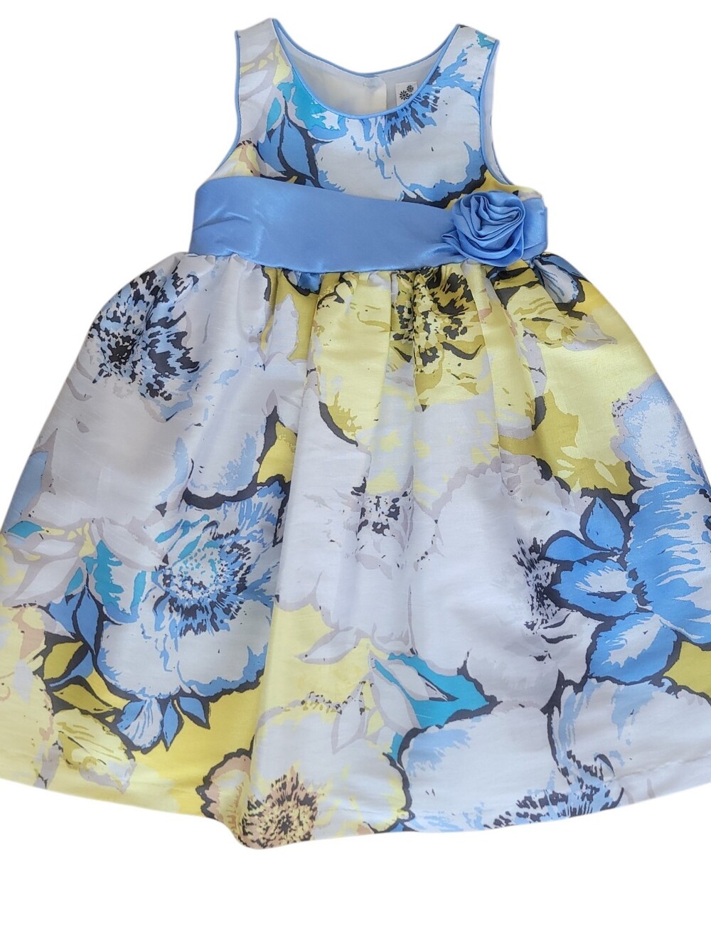 Cherokee Girls Floral Blue Yellow Satin Sleeveless Dress 3T Toddler Party
